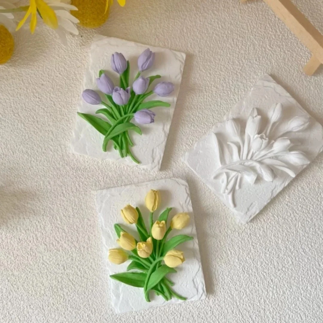3D Tulip Rectangle Plaque Aroma Plaster Craft Silicone Mold Flower Gypsum Aroma Stone Scented Clay Home Decor