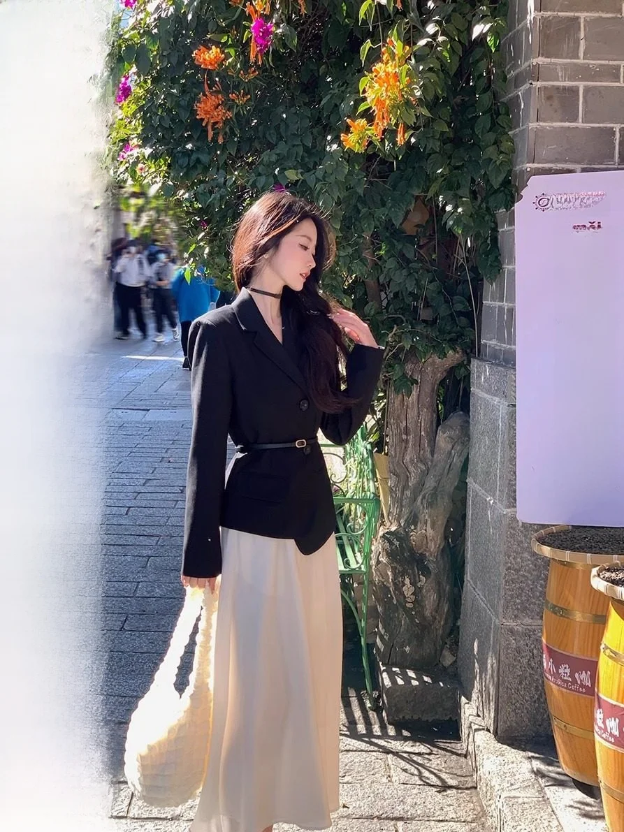 

Женский повседневный костюм-жакет с эффектом похудения, весенняя новинка, с длинным рукавом, однотонный, для офиса, от HUANG ZUO ZUO