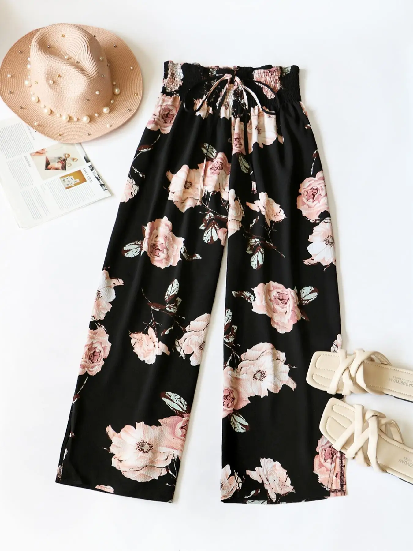 【Plus Size Floral Print Bow Front Wide Leg Pants, Boho Shirred High Waist Trousers for Holiday Wear