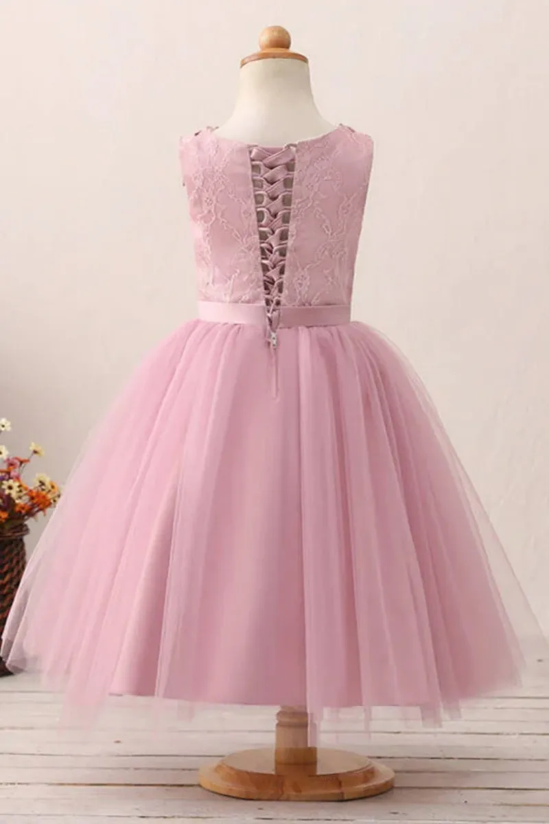 Pink Flower Girl Dress Puffy Tulle Cute Floral Appliques With 3D Flower Fit Wedding Party Birthday Gowns