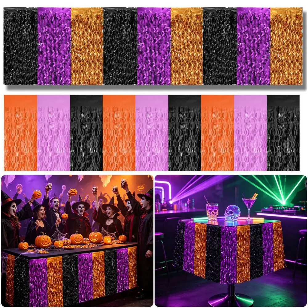 Black Purple Orange Halloween Table Skirt Waving Gradient Metallic Tinsel Decorative Table Skirt PET Table Curtain