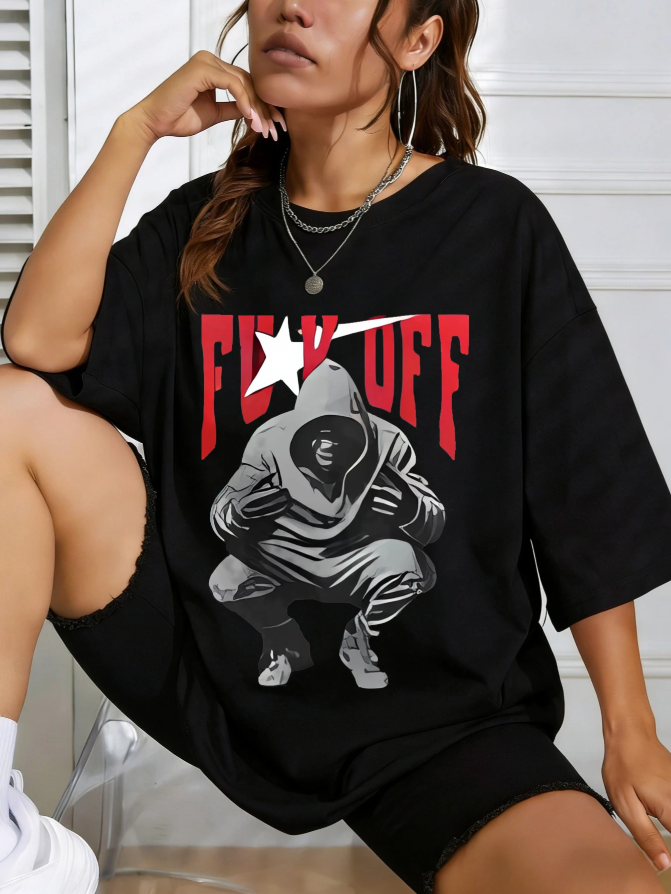 

Women Oversized Cotton FCK OFF Graphic Printed Streetwear Summer Casual Short Sleeve T Shirt - Gift for Her
