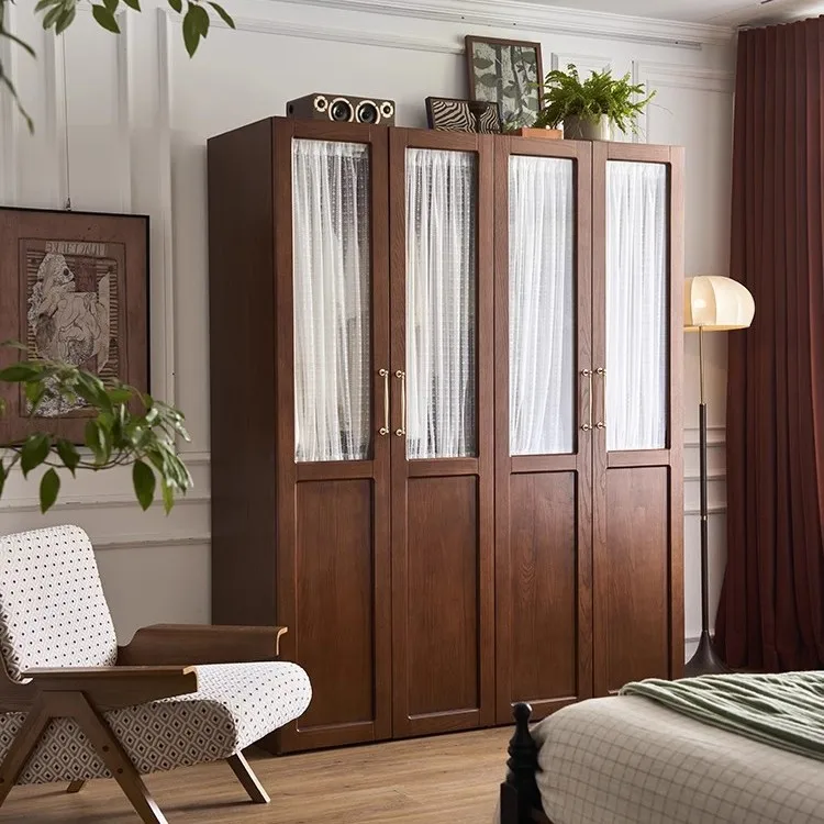 French solid wood wardrobe, household small apartment door glass wardrobe bedroom antique storage locker