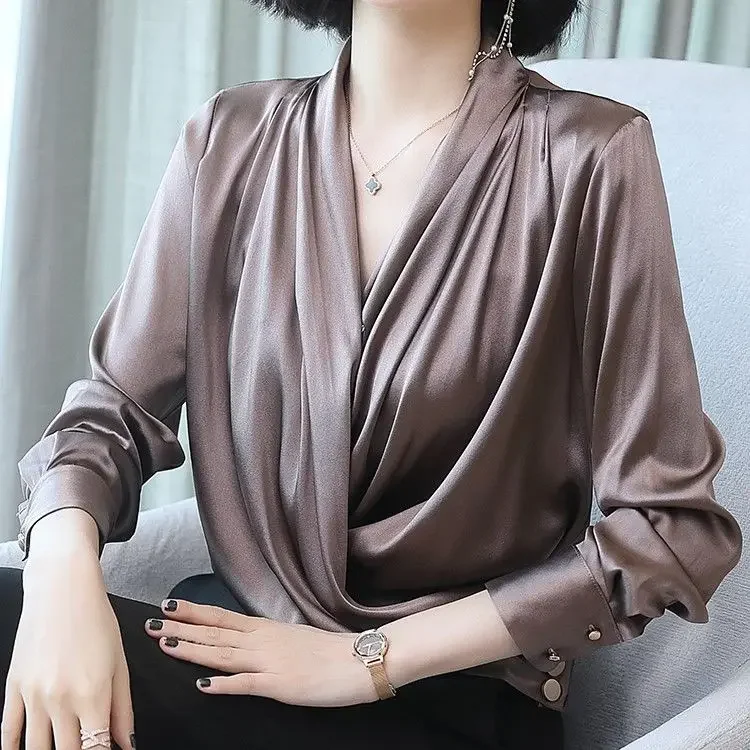 Blouse Women Shirt Silk Top Women\'s Spring Loose Cross V-neck Long Sleeve Shirt Blusas Mujer De Moda