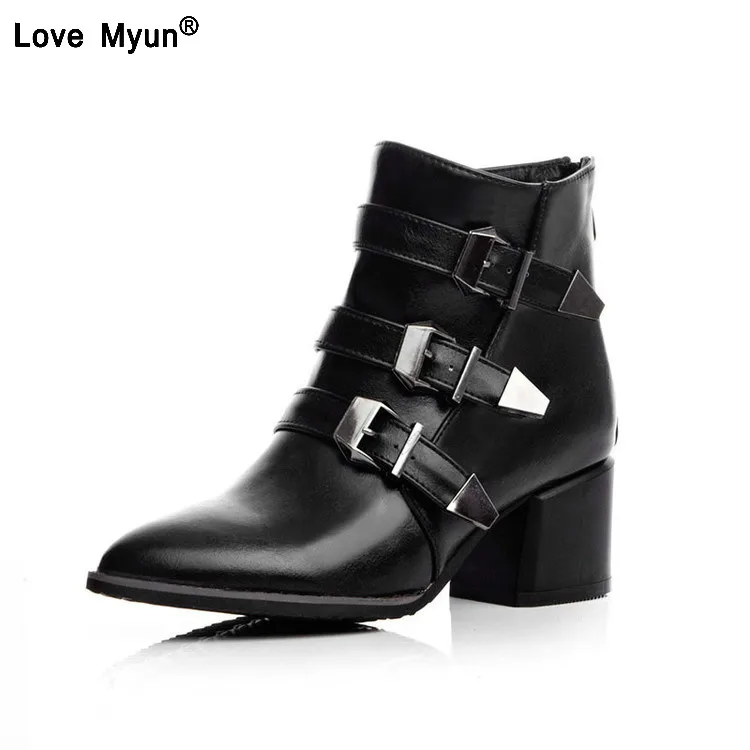 Leather Boots Women Mid-Calf Med-High Boots Metal Buckle&Strap Winter Shoes Brand  Boots Back Zipper Snow Booties 698