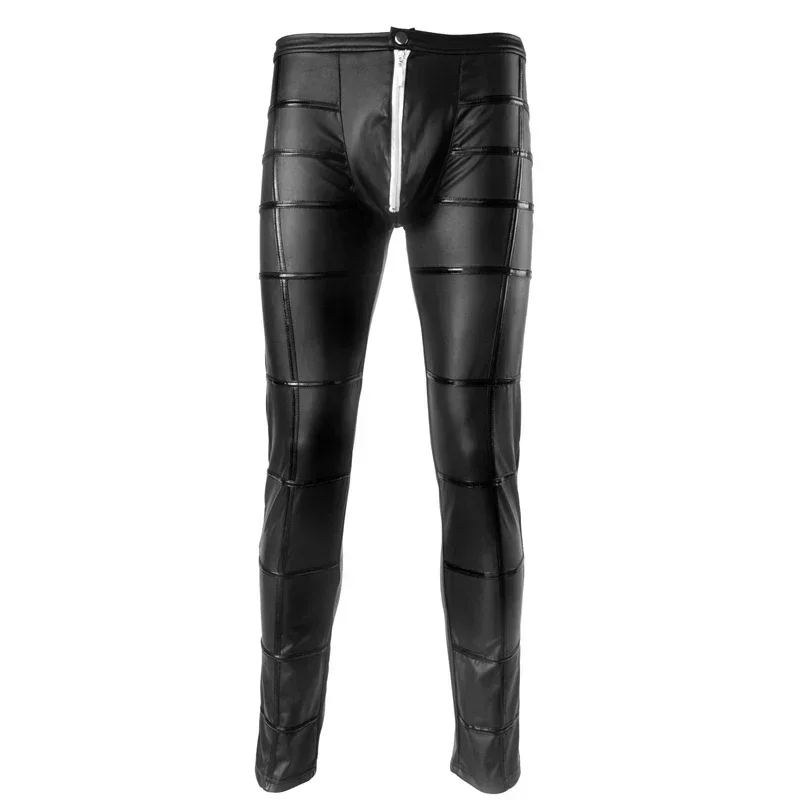 Sexy Men Faux Leather Open Crotch Erotic Latex Pants PVC Nightclub Men zipper Pole Dance Trousers Gothic Punk Fetish Club Wear