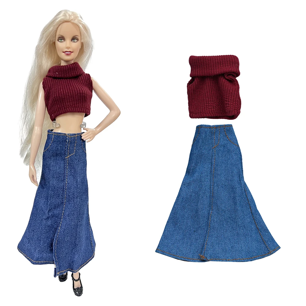 NK 1 Set 30CM Princess Brown Sweater Seeveless Clothes Denim Long Skirt 11.5 inch Doll Clothes For 1/6 Doll Accessories Gift Toy