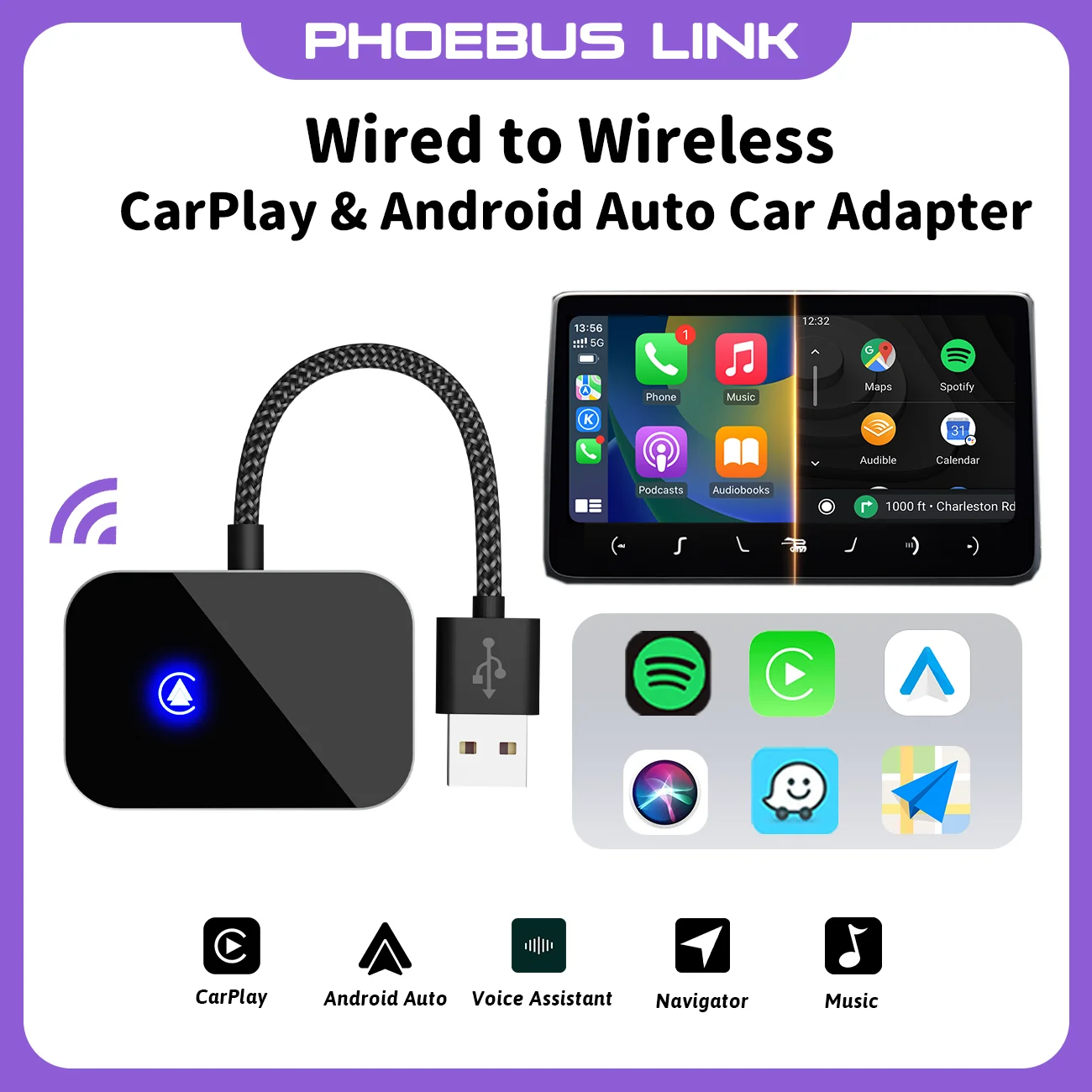 

Phoebus Link 2 in 1 Mini Wired to Wireless USB Car Wireless CarPlay Adapter Smart Dongel Box Android Auto Box For Universal Car