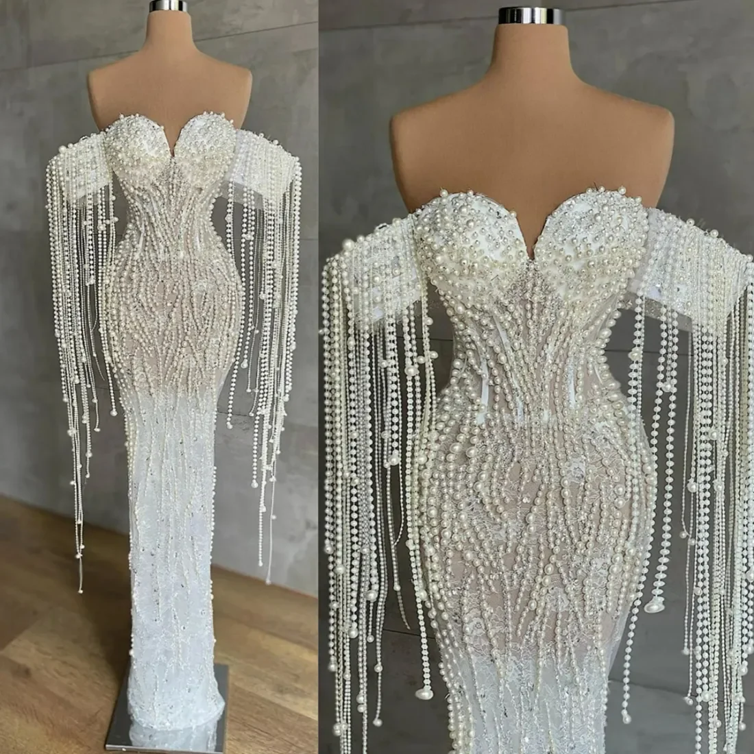 

Customized Prom Dresses Off Shoulder Pearls Tassel Elegant Evening Dresses for Special Occasions Birthday Gowns Engagement Gown