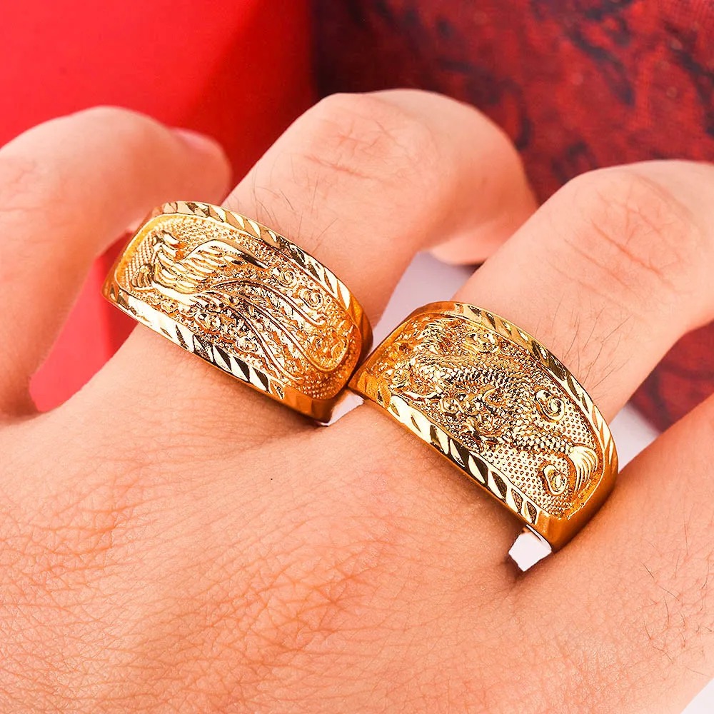 925 Sterling Silver Couple Dragon Phoenix Opening Rings Yellow Gold Plated Temperament Generous Wedding Jewelry For Him And Her