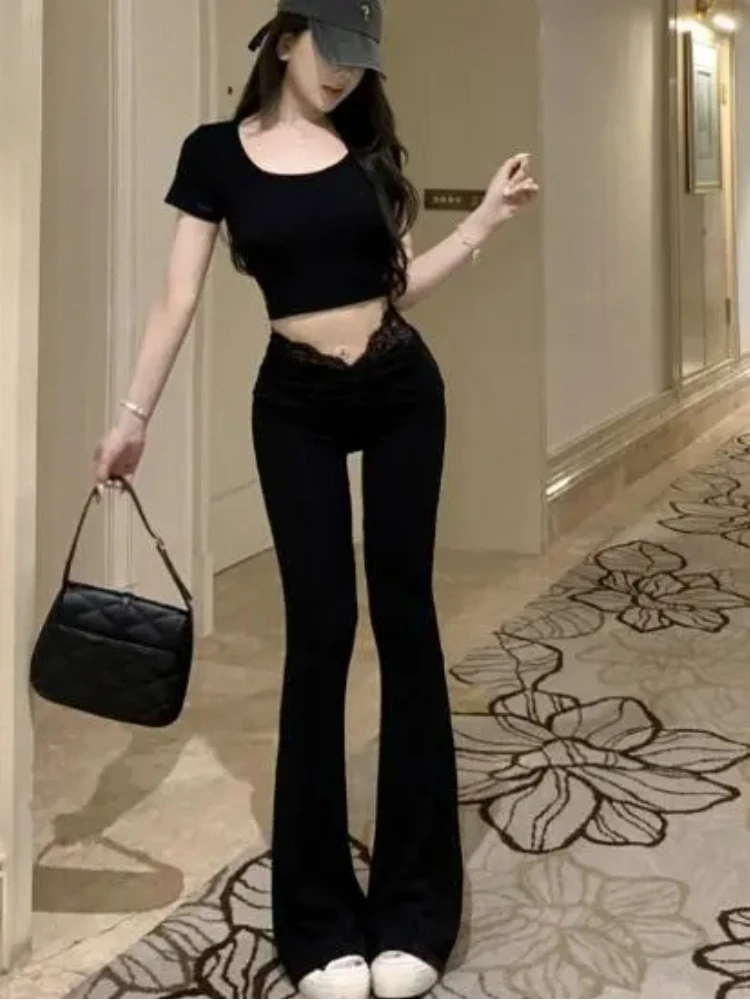 Summer Flare Pants For Women Lace High Waist Slim Fit Pantalon Femme 2025 New Bottoms Solid Color Fashion Sexy Korean Trousers