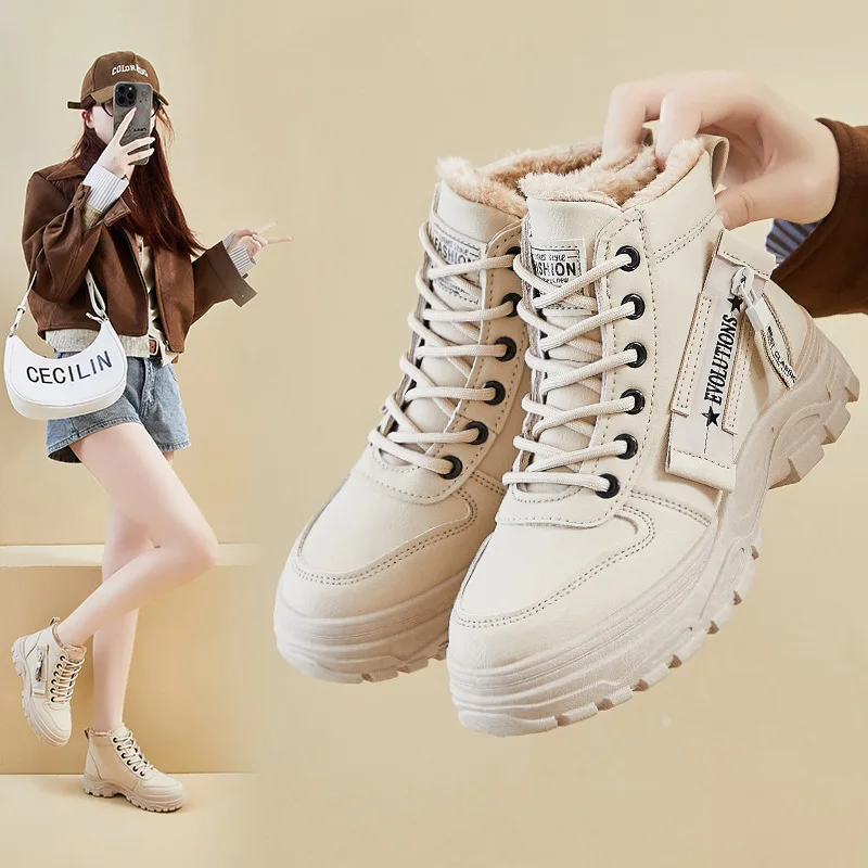 

Женские зимние ботинки на платформе 2025, мотоциклетные ботинки на массивной подошве с меховой подкладкой, повседневные ботильоны для женщин и девочек