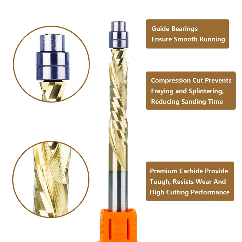 Dreanique 1pc 6MM 6,35MM 8MM Vhm Lager Geführte Kompression Fräser Spirale Flush Trim Holzbearbeitung trimmer Bit – Detail 10