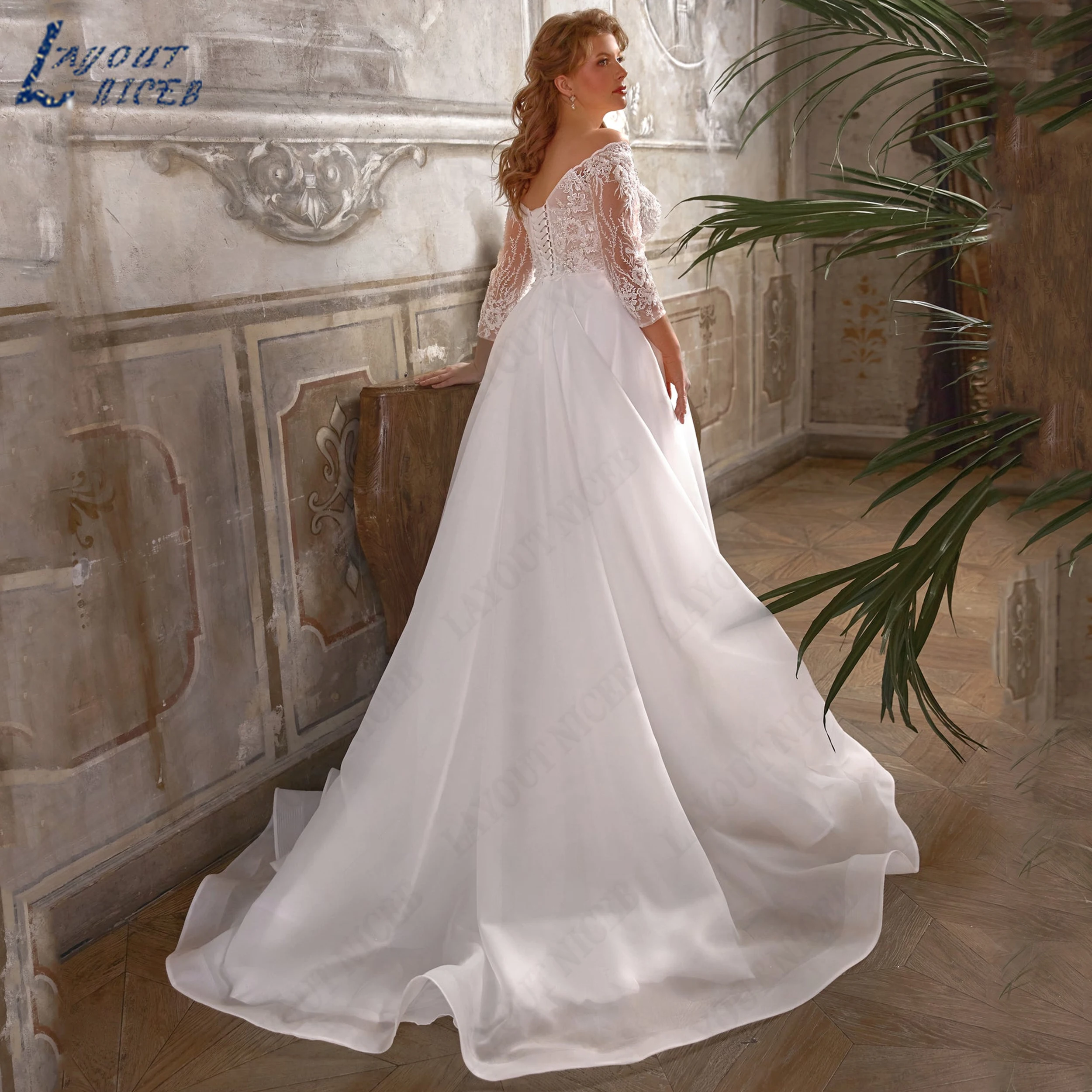 LAYOUT NICEB A‑Line Plus Size Wedding Gown Three Quarter Sleeve Bridal Dress Sweetheart Neck Organza Bride Gowns Customized