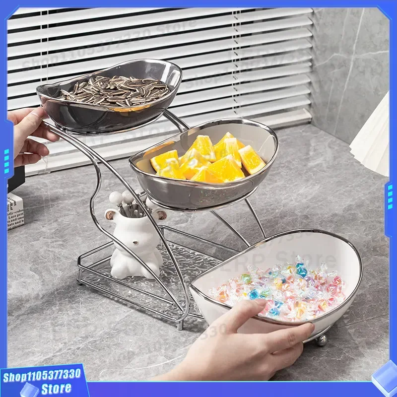 Luxury Ceramic Fruit Plate Multi Layer Design Electroplating Process High Value Creative Display for Home Living Room Decor