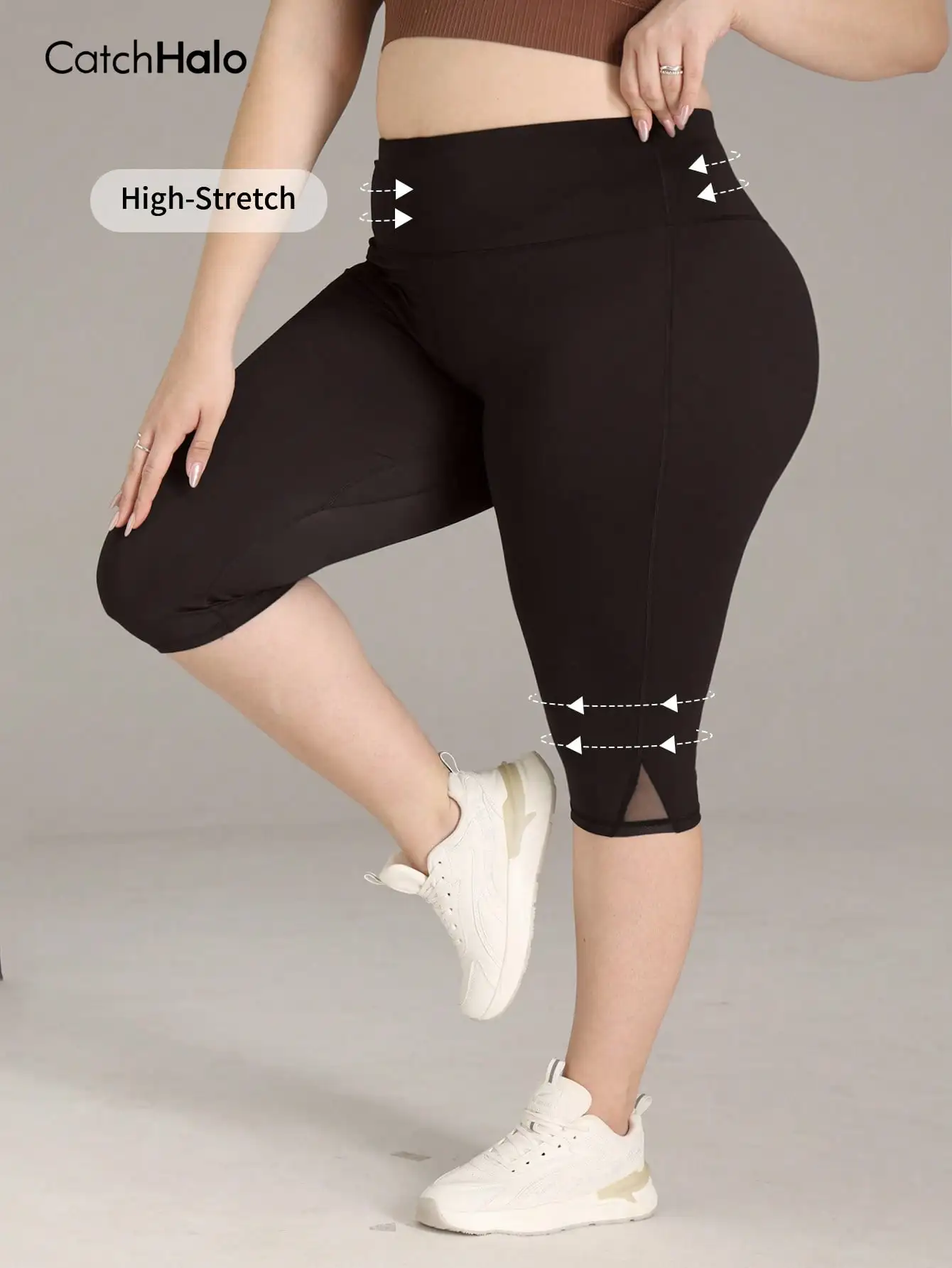 Plus Size Gym Leggings Women Mesh Yoga Pants High Waist Capri Workout Tights Side Slit Running Fitness Cropped Pants view 4