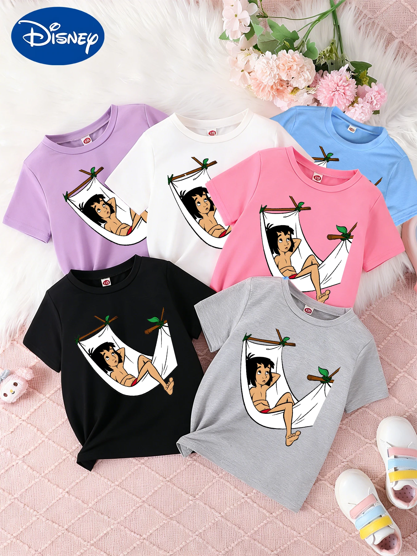 

Детская одежда для мальчиков и девочек, повседневная футболка с принтом Forest Prince Mowgli Hammock, мягкий топ в уютном стиле.