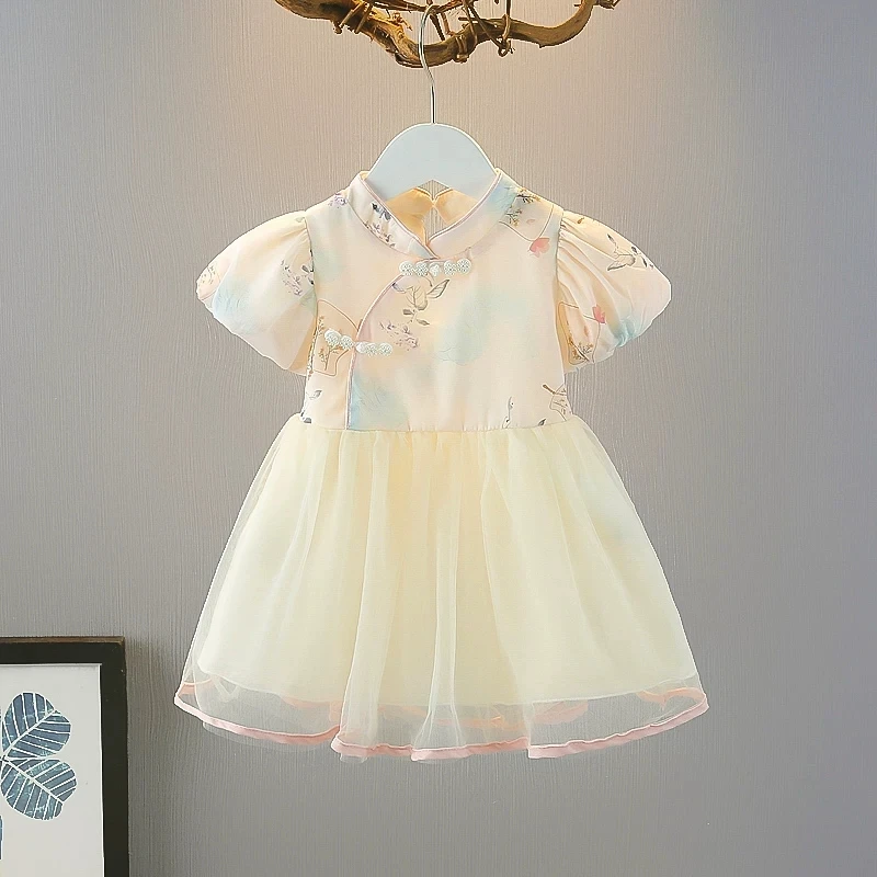 Novo Vestido Cheongsam Estilo Chinês para Bebês Meninas 2026, com Estampa Floral, Manga Bufante e Saia de Tule, Vestido Tutu Qipao para Crianças Peque