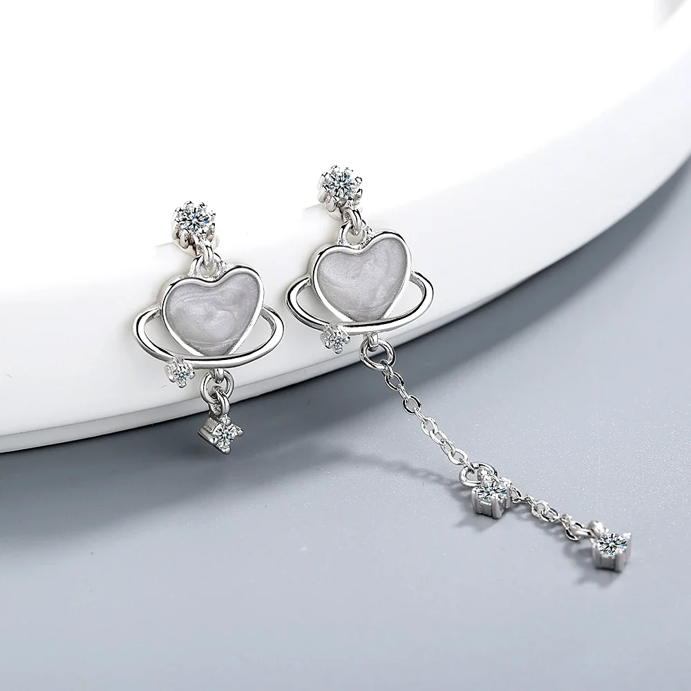Trendy Pendientes 925 Sterling Silver Asymmetric Heart Zircon Dream Planet Drop Earrings for Women Long Tassel Earring Oorbellen