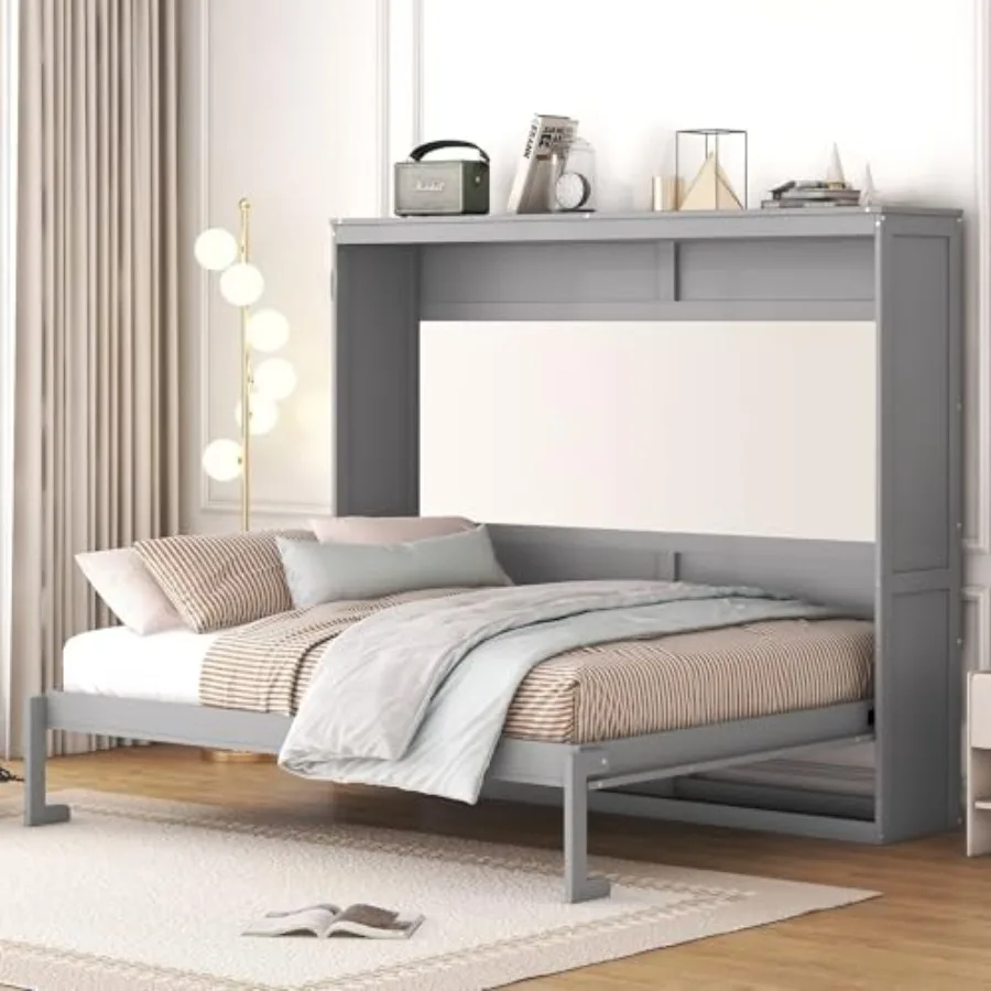 

Modern Farmhouse Solid Wood Murphy Bed Chest, Wall Bed with Wood Slat Support/No Box Spring Needed/Space Saving/Queen, Gray