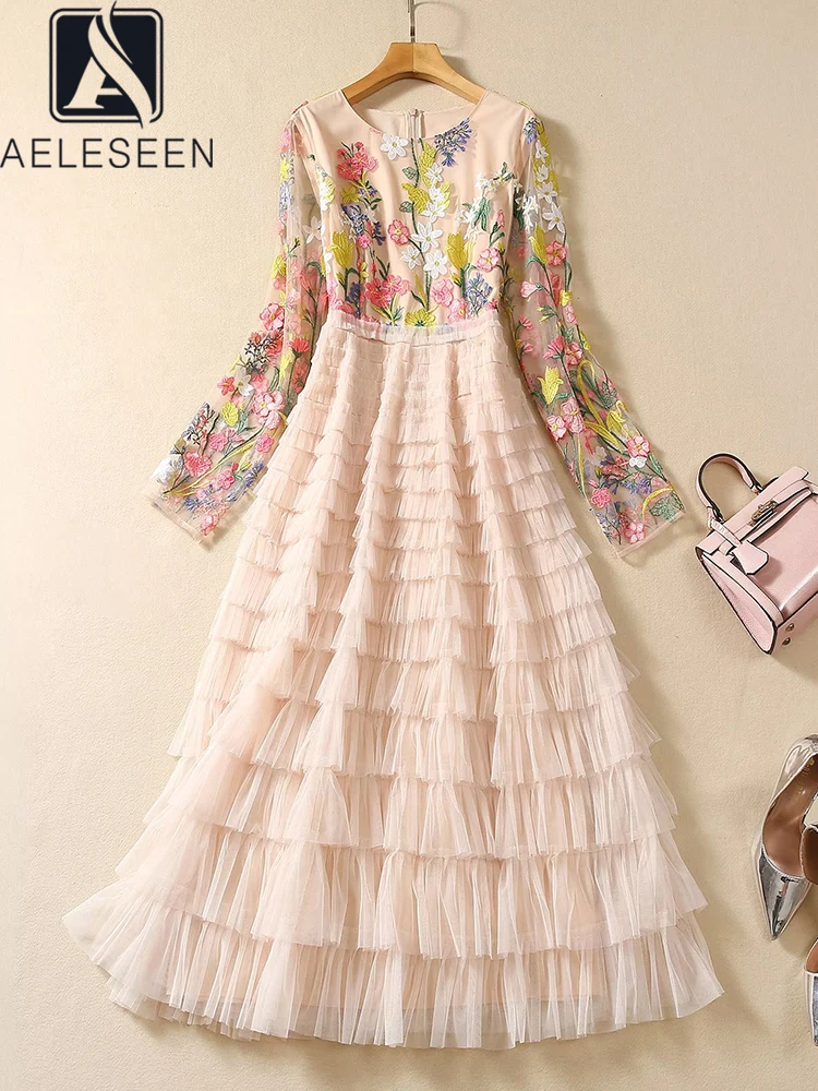 

AELESEEN Fashion Designer Long Dress Women Autumn Colorful Flower Embroidery Mesh Gauze Edible Tree Fungus Ruffles Gown Ball