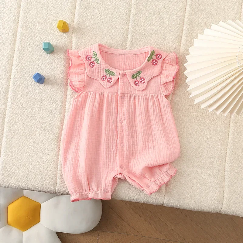 100% Baumwolle Babykleidung 0-24M Mädchen Rosa Kurze Hose Strampler 2026 Sommer Neugeborenen Kirsch-Stickerei Atmungsaktiver Einreihiger Body