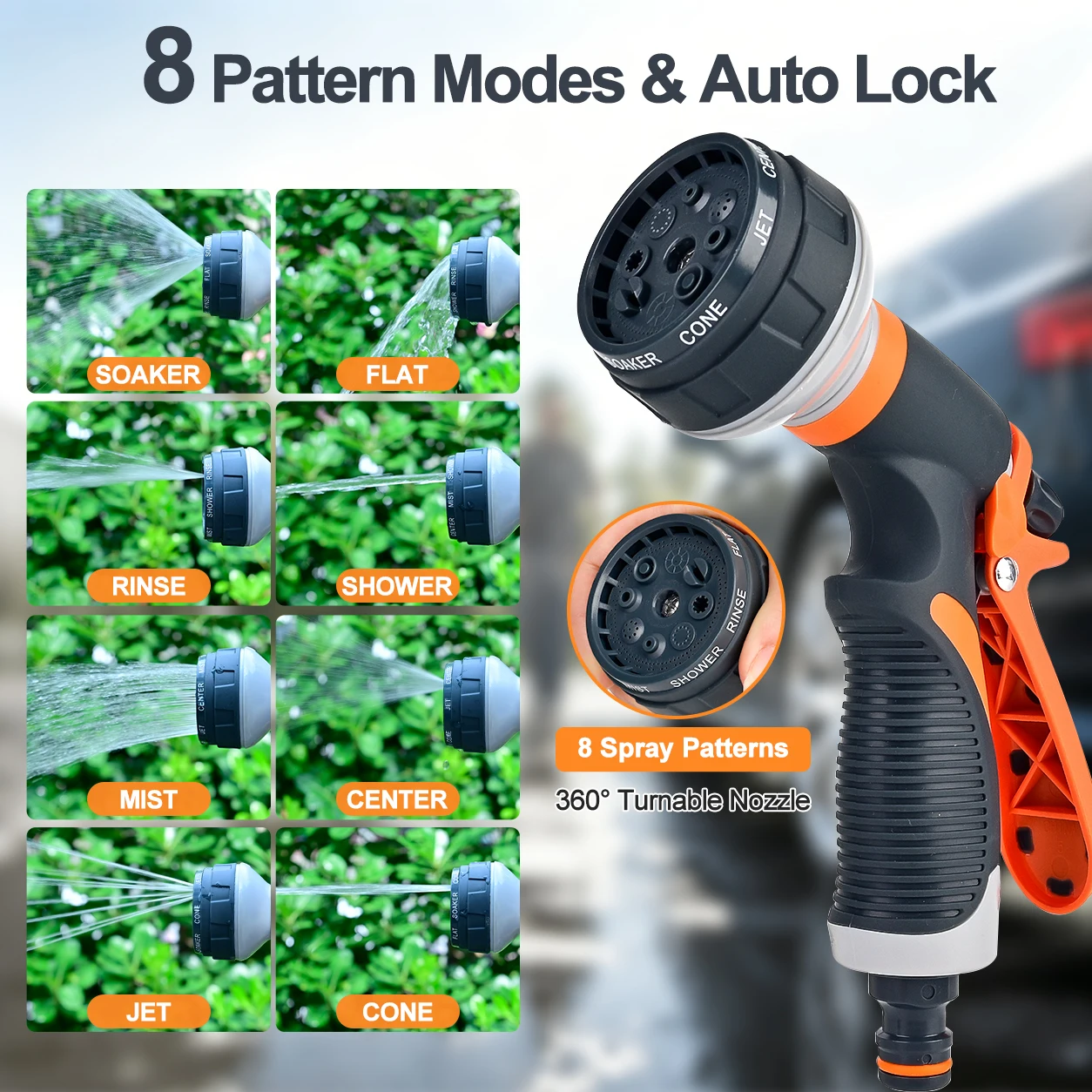 Garden Hose Nozzle, Pressure Water Spray Gun, 8 Spray Patterns, Car Wash Adjustable Hose Sprayer, for Vehicle Wash, Patio Cleani view 2