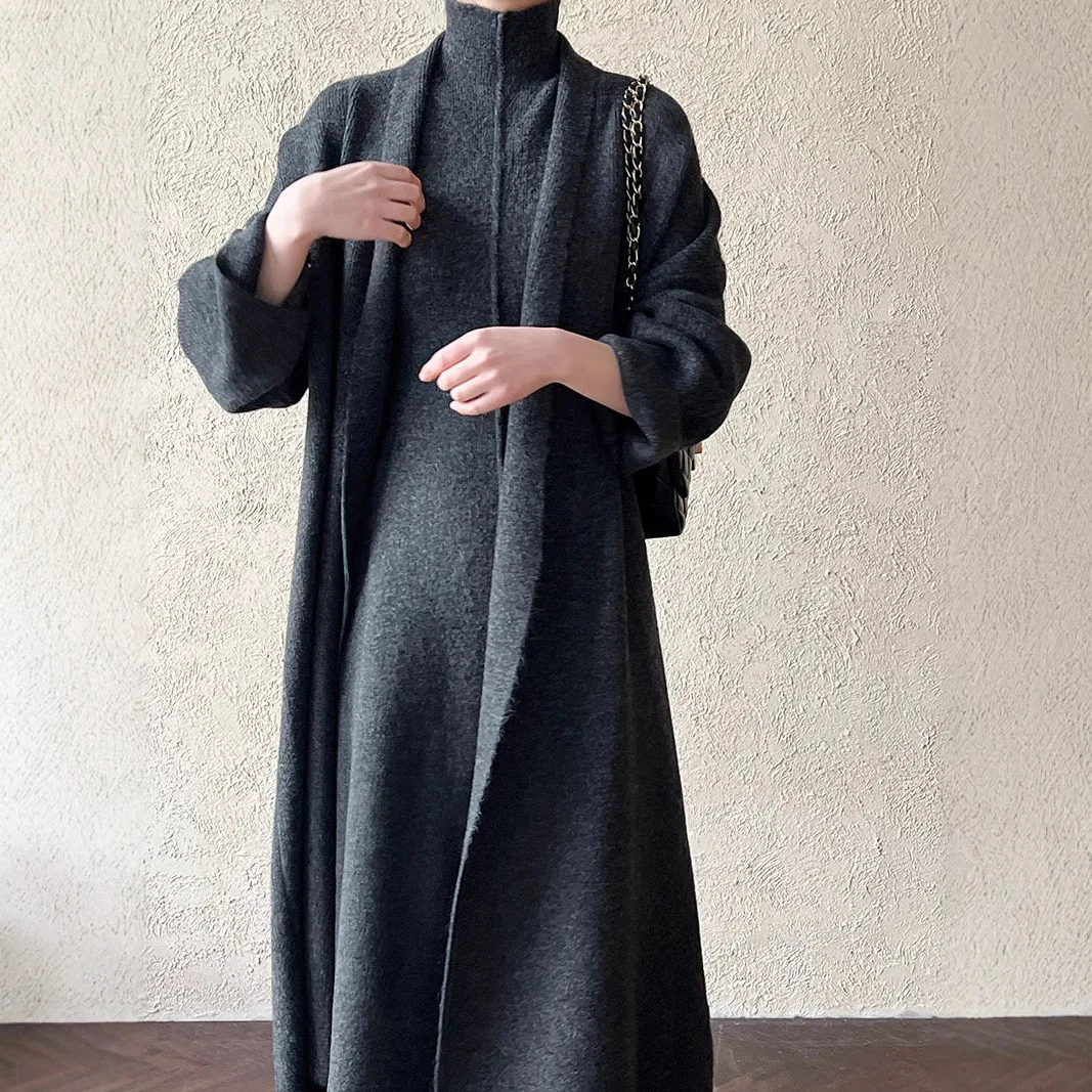 Patchwork Cardigan For Women Long Coat And High Neck Dress Set Long Sleeve Two Piece Loose Fit Casual Autumn Winter view 2