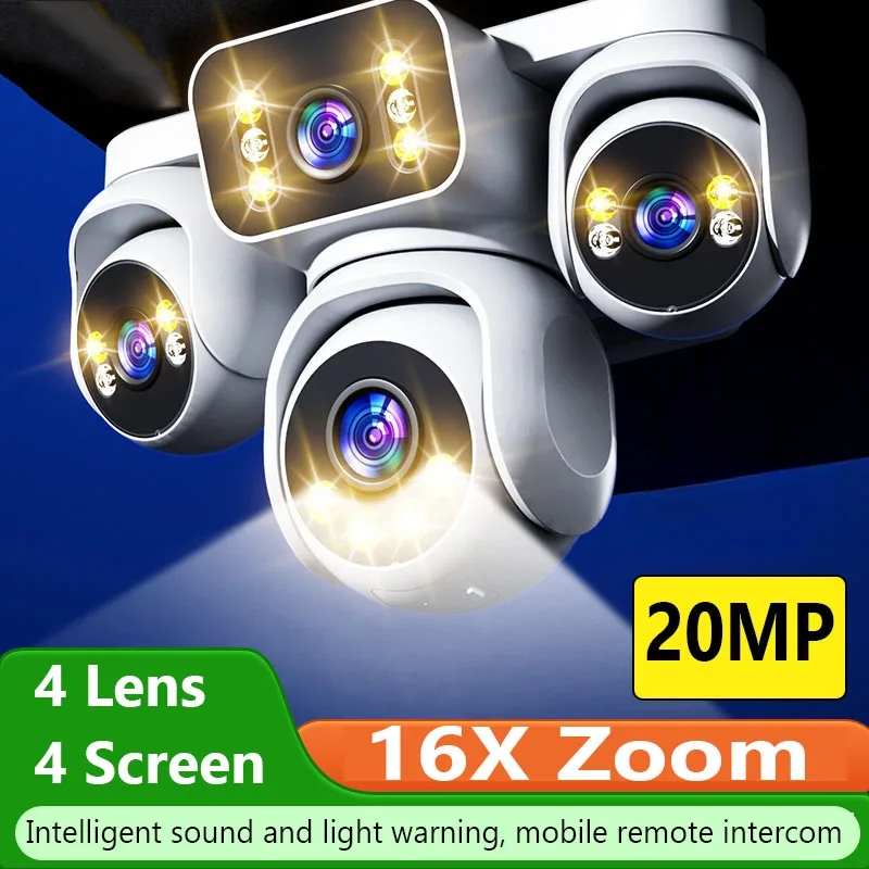 

20MP CCTV 4 Lens 4 Screen WiFi 360° IP Camera 16X Zoom HD Auto Track Home Security Cam Waterproof Surveillance Outdoor