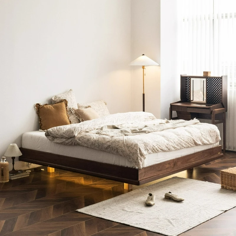 

No bedside solid wood bed Nordic bedroom black walnut suspended bed single double bed