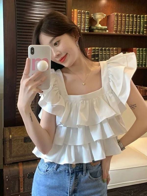 Ele Square Collar Ruffle Sve irt Women's ort Design Sense Tie Summer New Sle Anti-Wrinkle Regular Thin