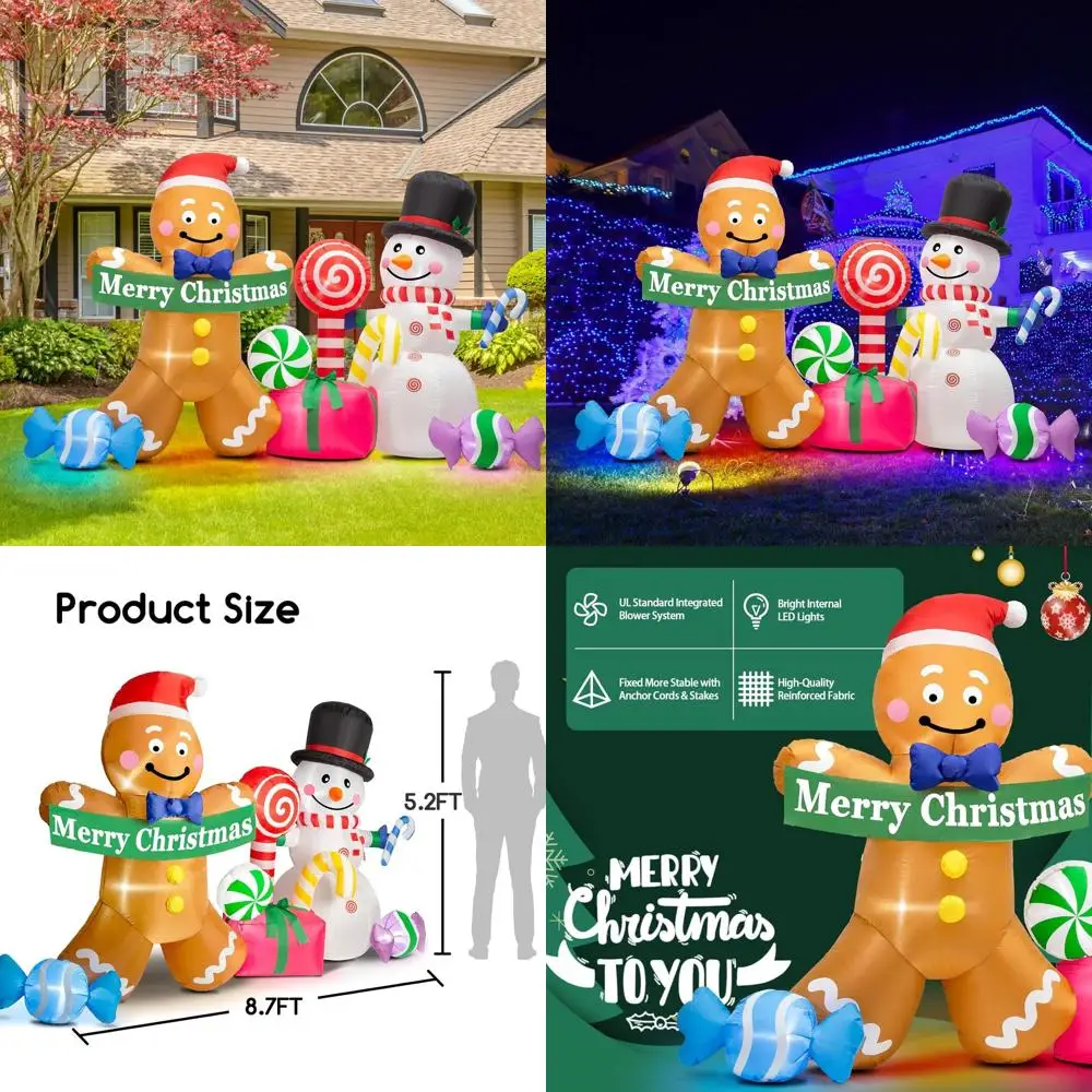

8ft Tall Inflatable Gingerbread and Snowman Christmas Decorations with LED Lights for Outdoor Holiday Displays