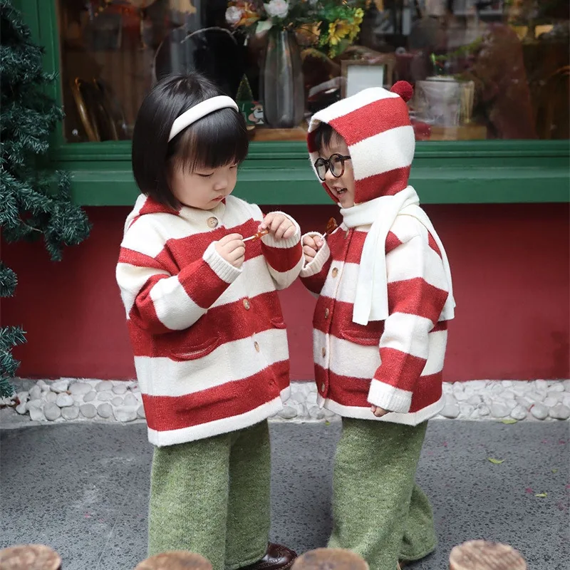 Kids Jacket 24 Winter Christmas Boys Girls Stripe Hooded Knit Sweaters Coat Outwear Tops Clothing