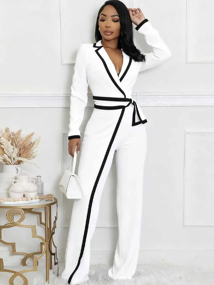 BKQU 여성용 V넥 벨트 점프수트, 대비 패치워크, 우아한 슬림 와이드 레그 점프수트, 오피스 레이디 원피스 의상, 패션 2025