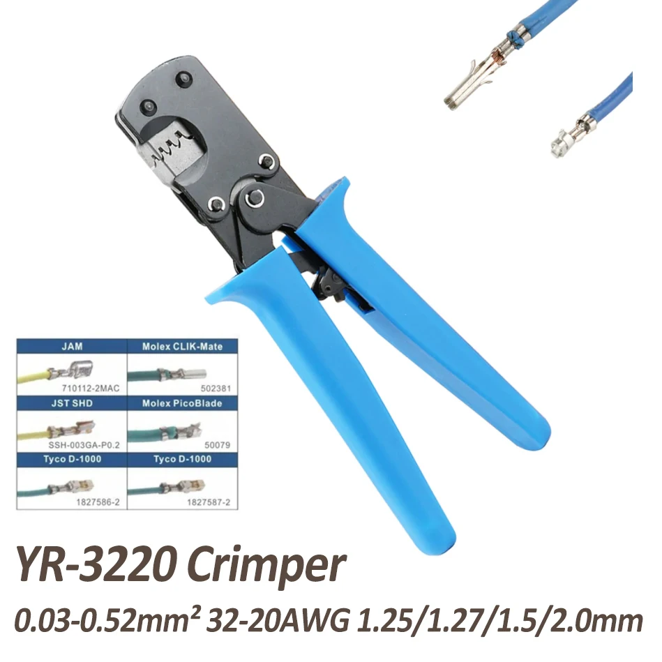YR-3220 Crimper for Micro Connector Pins with Capacity 0.03-0.52mm² 32-20AWG 1.25/1.27/1.5/2.0mm Connector, DF 13 Connector