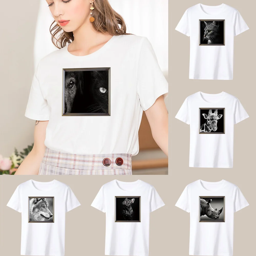 

New Fashion Commuter Summer Leisure Animal Series Printed Pattern Women's White Round Neck Short Sleeve Comfortable Top T-shirt