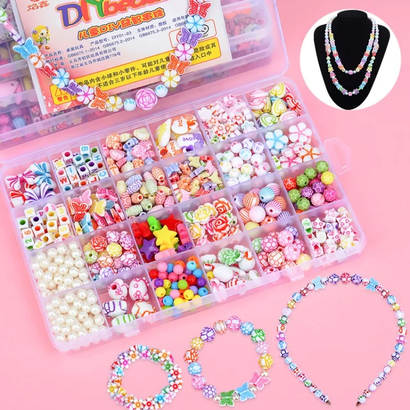 24 mainan manik-manik perempuan DIY, manik-manik kalung gelang manik-manik buatan tangan untuk anak-anak dengan mainan Puzzle Amblyopia hadiah Natal