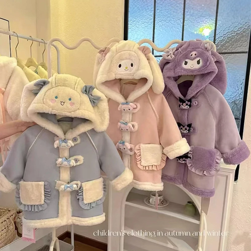 

Winter Anime Kawaii Kuromi Cinnamoroll Melody Girls Plush Jacket Sanrios Cute Fashion Cartoon Long-Style Hooded Suede Warm Top