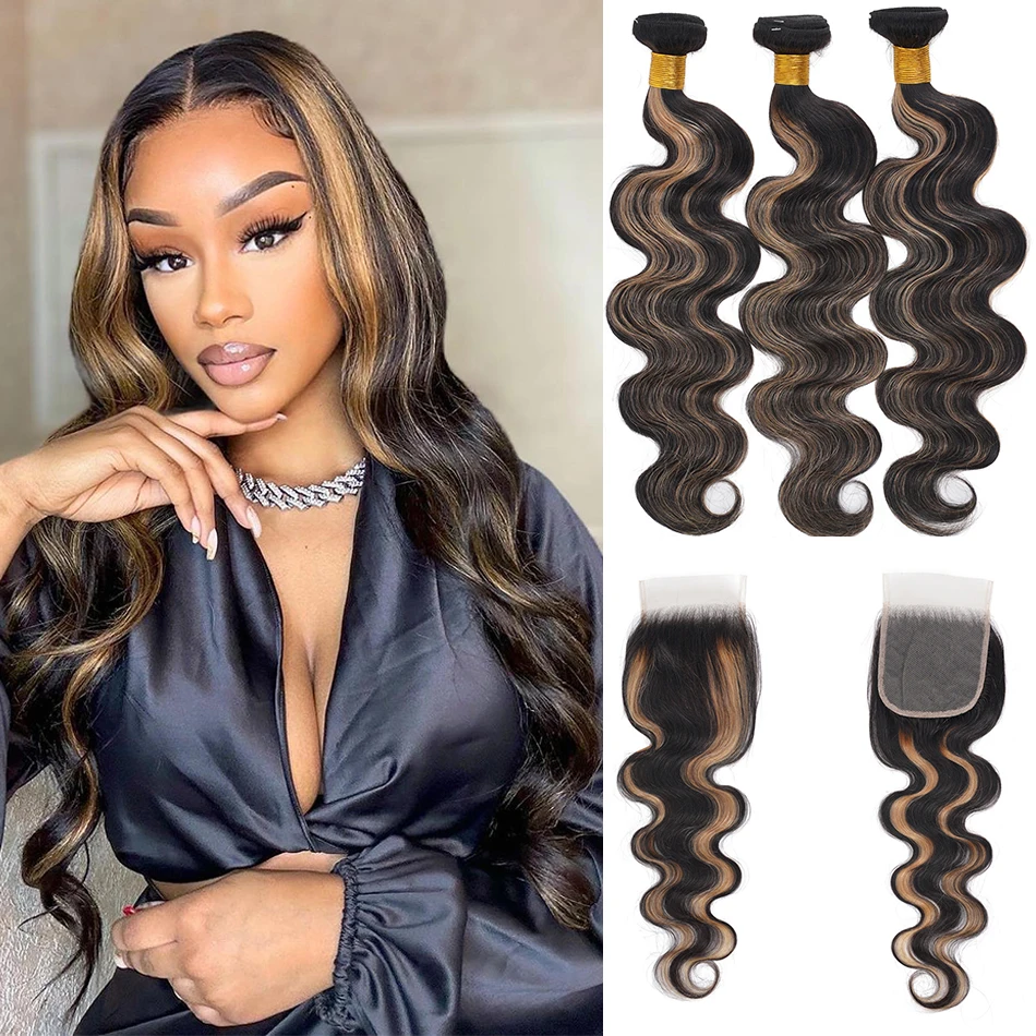 100% شعر بشري غير معالج أومبير الجسم موجة 3 حزم مع إغلاق الدانتيل البورمية العسل شقراء تسليط الضوء على موجة الجسم مع إغلاق HD