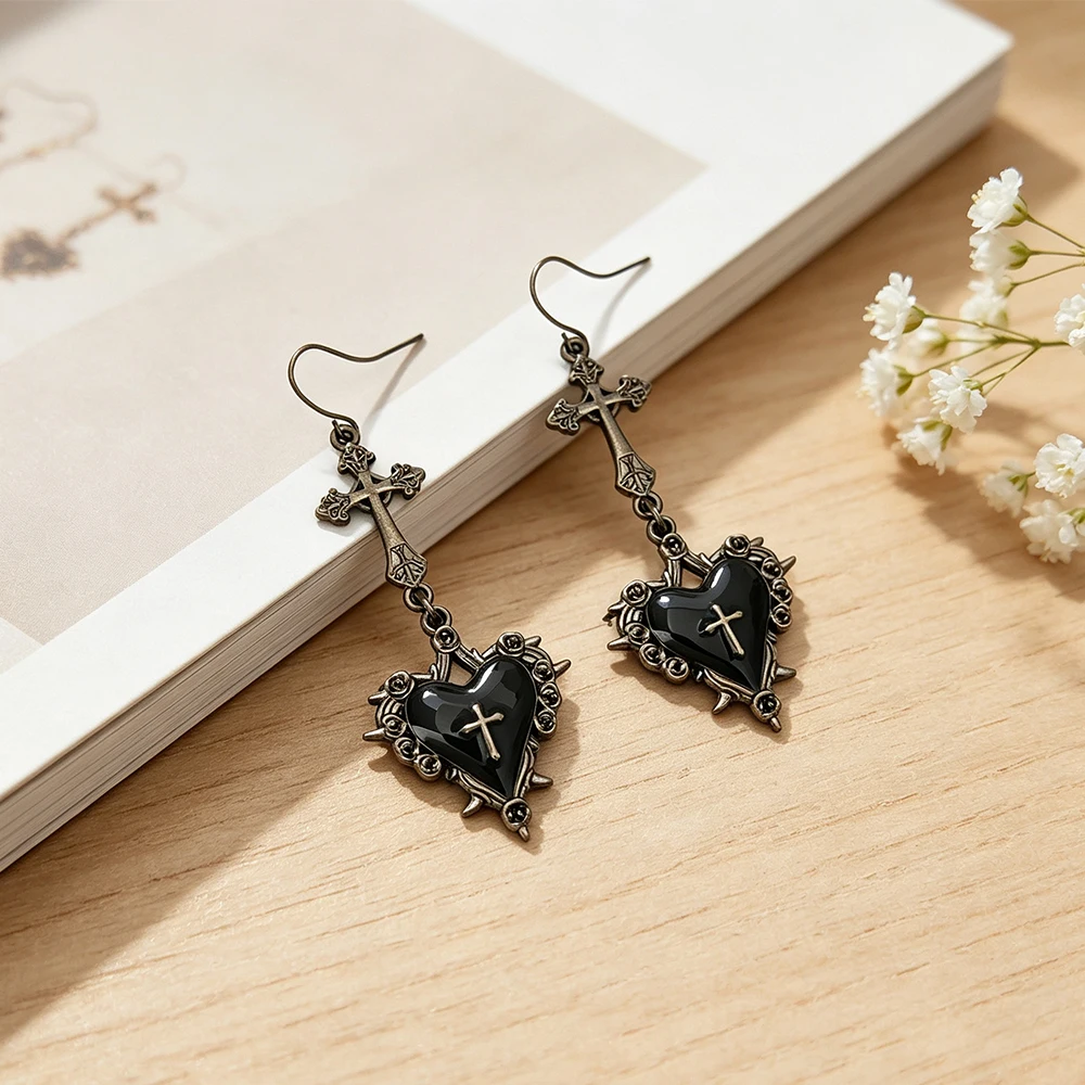 Vintage Distressed Cross Thorn Black Heart Dangle Earrings, Dark Style Cross Heart Oil-Drip Earrings, Punk Style Everyday Accessories for Spicy Girls