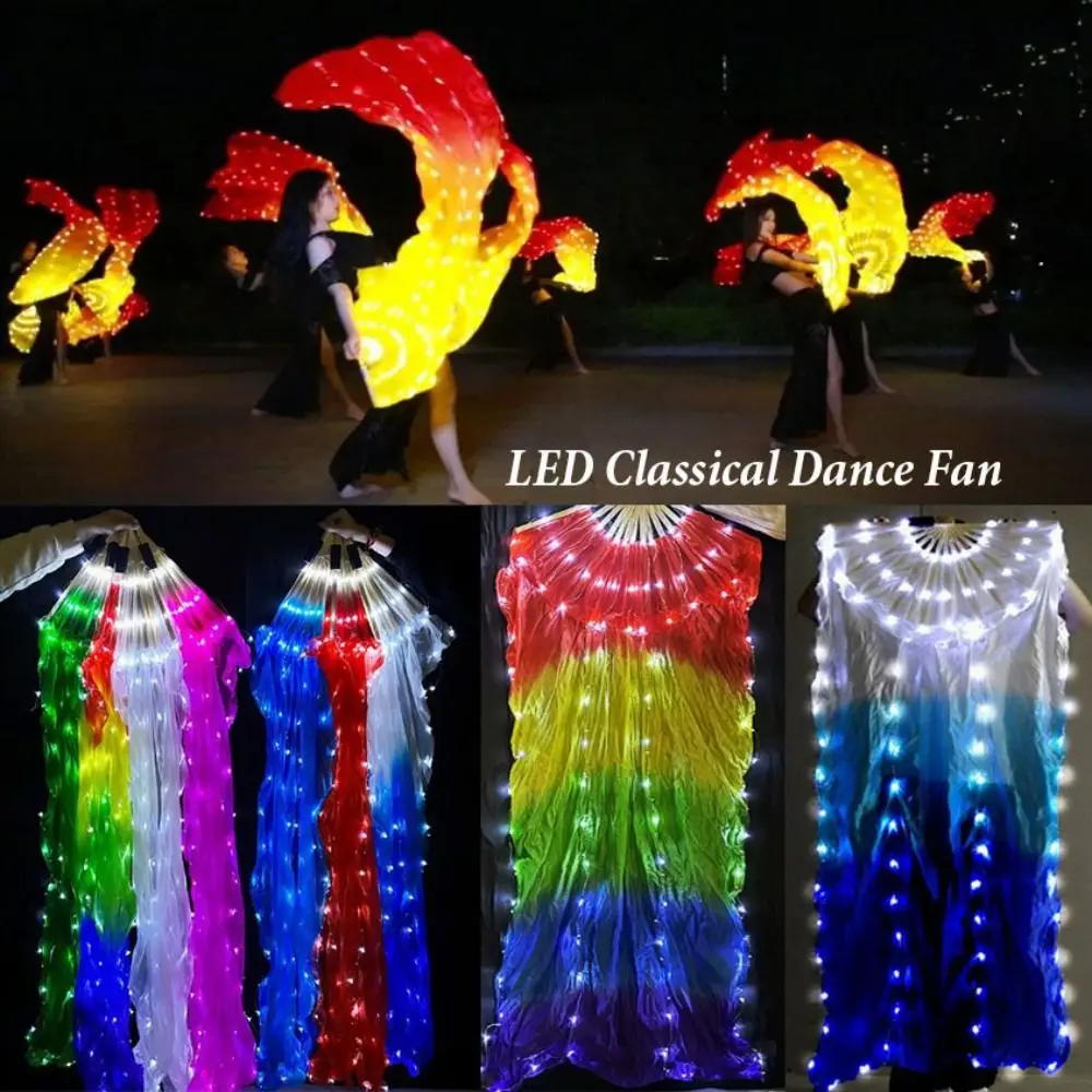 التدرج اللون LED مروحة الرقص الكلاسيكية 1.5 متر طويلة تقليد رايون الرقص الشرقي مروحة الأداء الدعائم راقصة ممارسة المشجعين الحرير