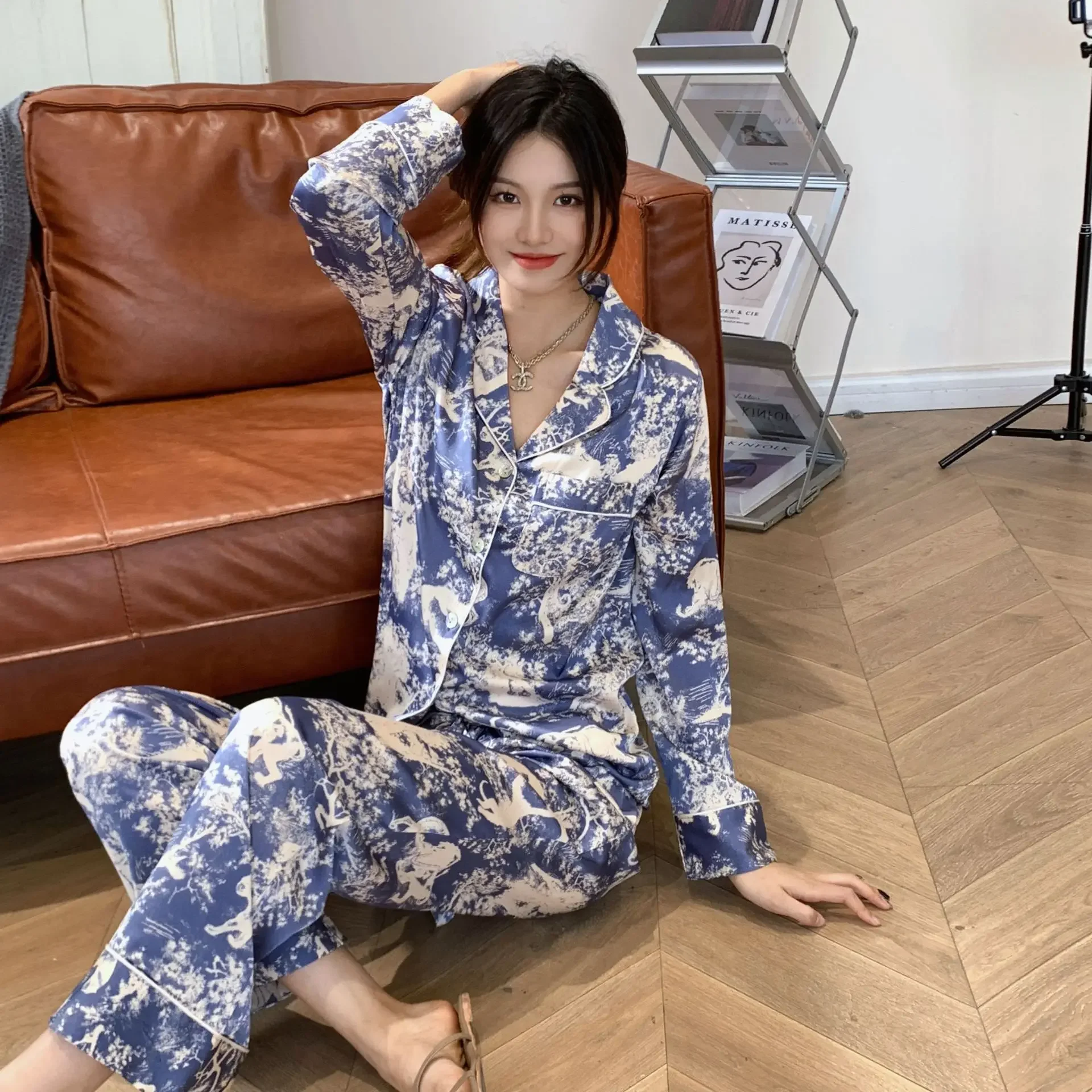 2024 Womens Cardigan Comfortable Pajama Set High-grade Ice Silk Satin Loose Thin Home Clothes Blue Tiger Print Pajamas for Women