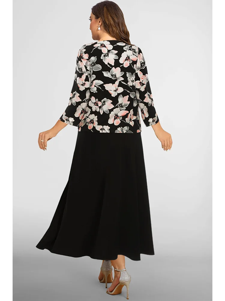 Floral Print Maxi Dress Set for Women plus Size Elegant Casual Two-Piece round Neck Three-Quarter Sleeve Spring Fashion