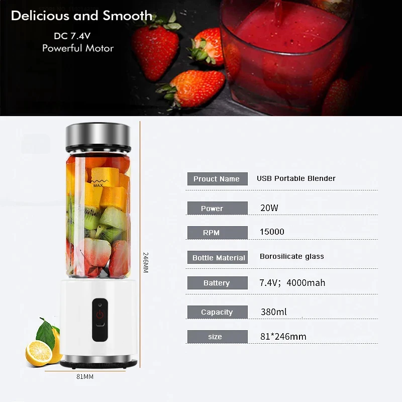 Pequeno portátil Smoothie liquidificador com bateria, 380ml de vidro, USB recarregável, fácil Juicer, pessoal, novo