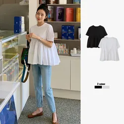 Korean style Summer Chic Pleated Y2k Tops Loose O Neck Tees Fashion Casual T-Shirt Solid All Match Ropa Mujer