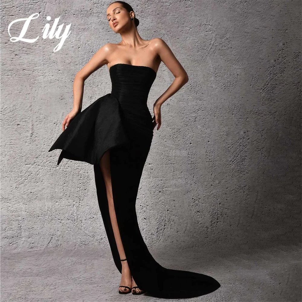 

Lily Black Chic Woman Evening Dress Gown Mermaid Sexy Split Strapless Night Dress Gown with Pleats Satin Custom robes de soirée