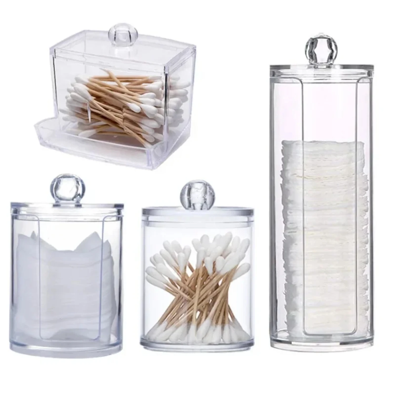 Round Acrylic Makeup Organizer Container for Cosmetics and Jewelry - Plastic Jar Box with Cotton Swab Pad Storage