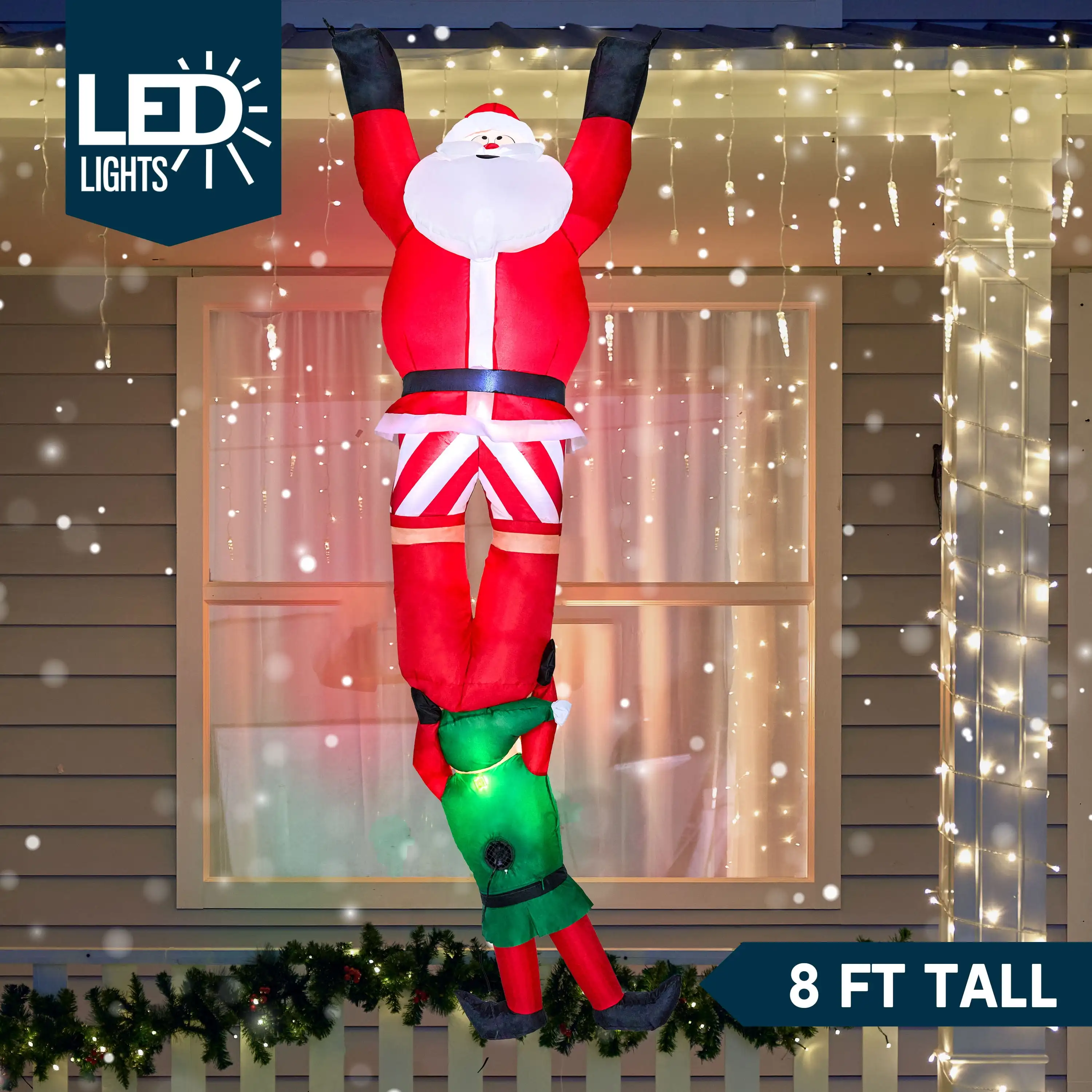 ของตกแต่งคริสต์มาสเป่าลม Joyfy ขนาด 8 ฟุต ซานต้าปีนป่ายพร้อมเอลฟ์ตก ของตกแต่งสนามหญ้าแบบเป่าลมพร้อมไฟ LED ในตัว
