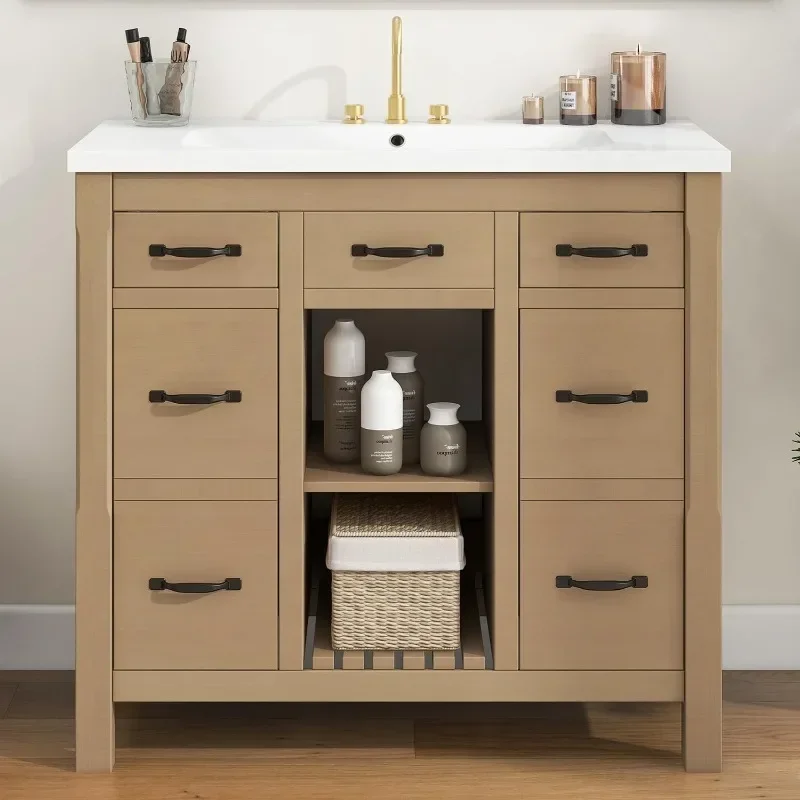 36inch Bathroom Vanity with Sink,Bathroom Cabinet with 2 Drawers & Storage Doors,Open Storage Space,Solid Wood Frame