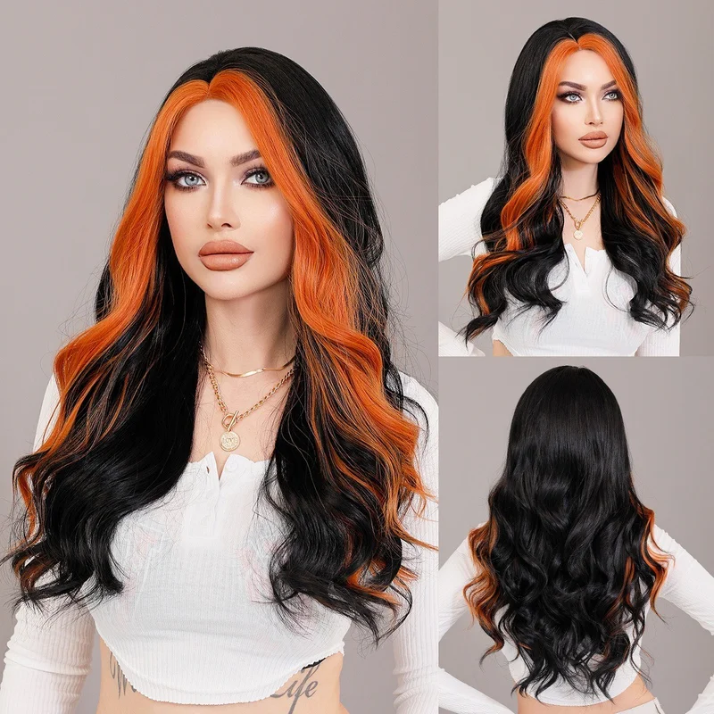 Small lace dyed orange long curly hair with big waves parting full head cove